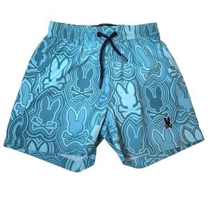 Psycho Bunny Boys Swim Trunks Blue Bunny Skull Elastic Waist Size 5-6 XS